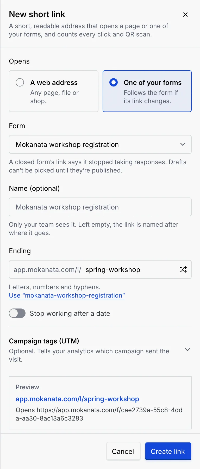 The New short link panel with One of your forms selected, Mokanata workshop registration picked, the Name left empty, the ending spring-workshop and the preview of the short address