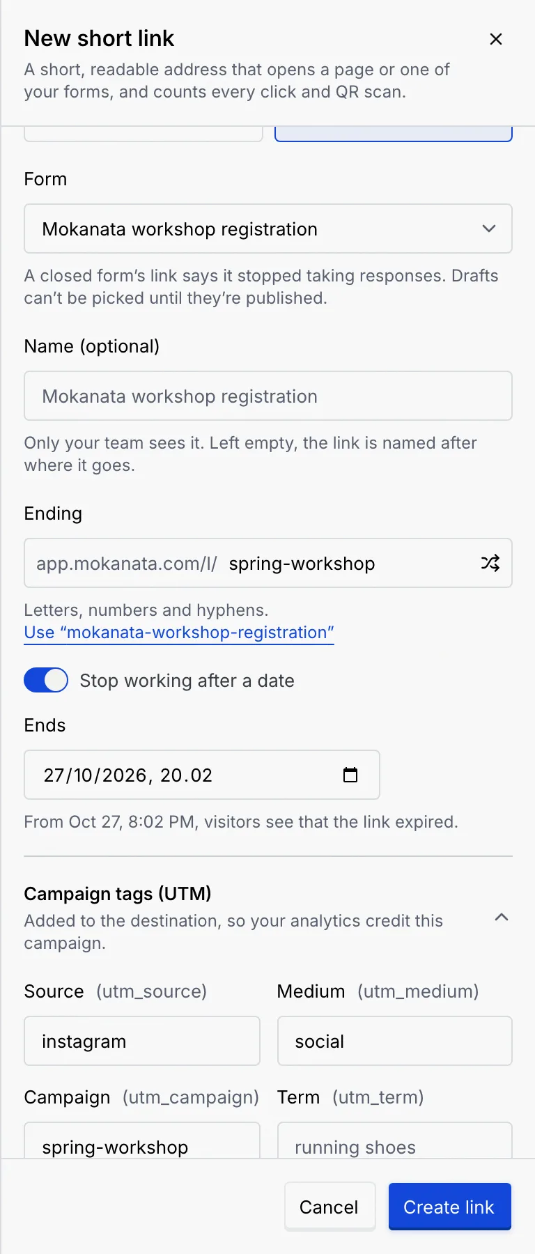 The panel scrolled down with Stop working after a date on, Ends set a week ahead, and Campaign tags with Source instagram, Medium social and Campaign spring-workshop