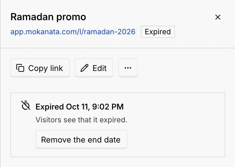 The details of Ramadan promo with the notice Expired, the date, Visitors see that it expired., and the Remove the end date button