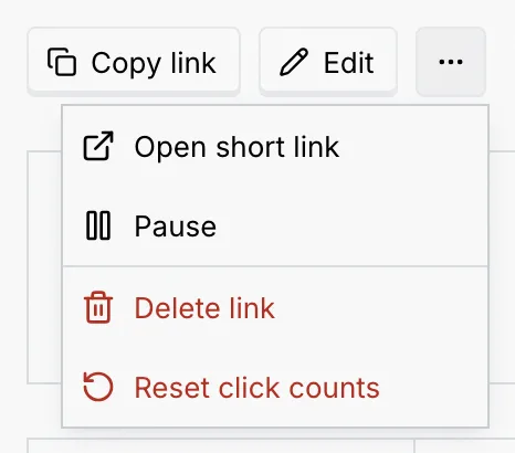 The more actions menu in the details of Ramadan promo with Open short link, Pause, Delete link and Reset click counts