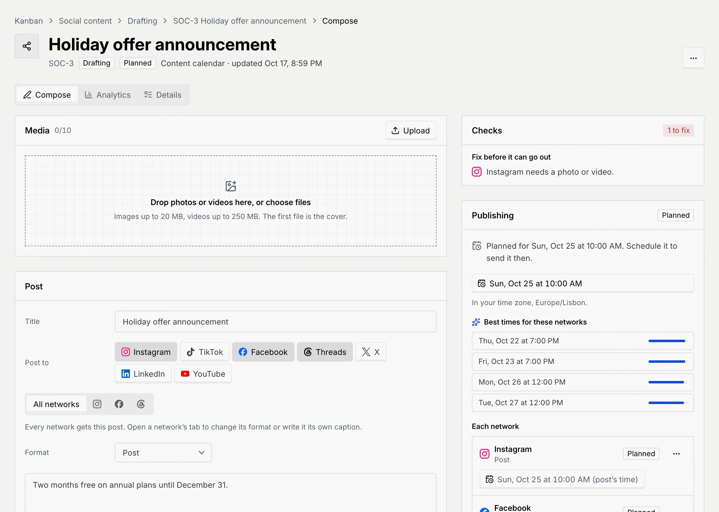 The Holiday offer announcement post on its Compose tab, planned for Sun, Oct 25 at 10:00 AM, with one thing to fix in Checks