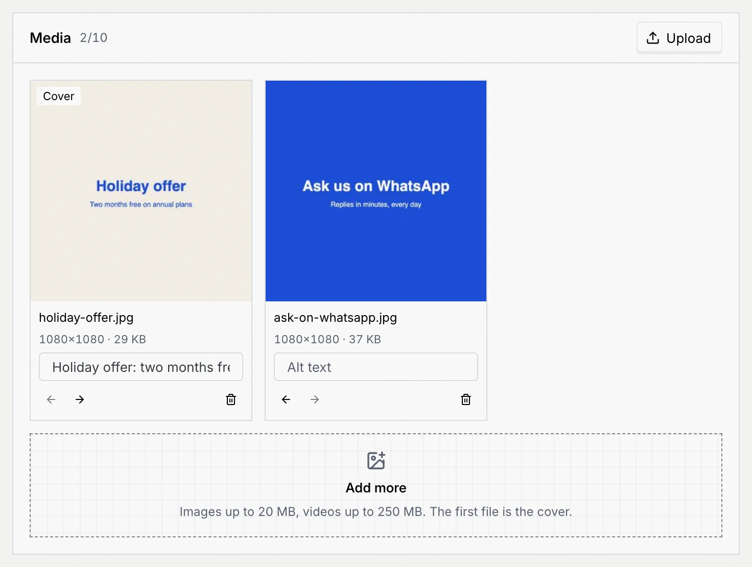 Media with two square images, holiday-offer.jpg marked Cover with its alt text filled in and ask-on-whatsapp.jpg, each with arrows to reorder and a delete button