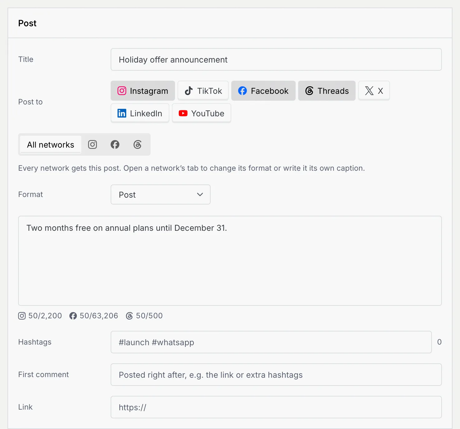 The Post panel on All networks: Title, Post to with Instagram, Facebook and Threads selected, Format Post, the caption with counters 50/2,200, 50/63,206 and 50/500, Hashtags, First comment and Link
