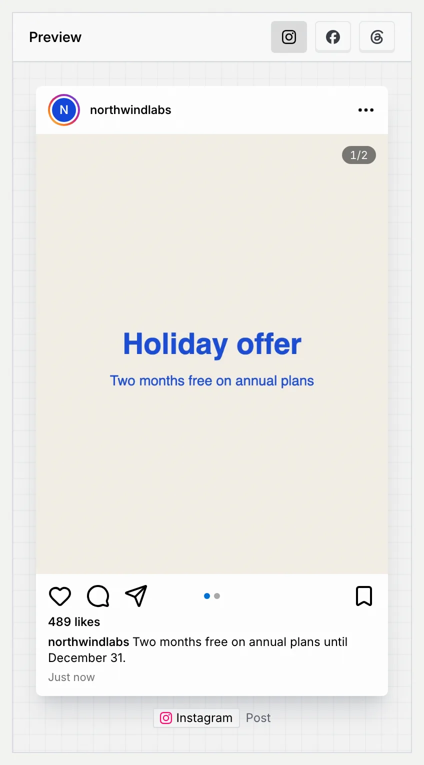 The Instagram preview: northwindlabs, the cover image with 1/2, likes and the caption