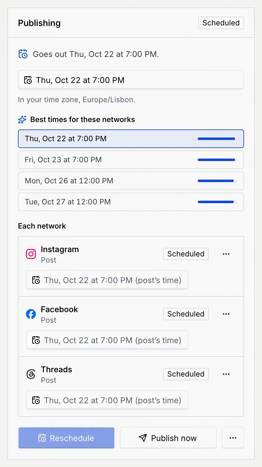 The Publishing panel for a scheduled post: Goes out Thu, Oct 22 at 7:00 PM, each network Scheduled, Reschedule, Publish now and ⋯
