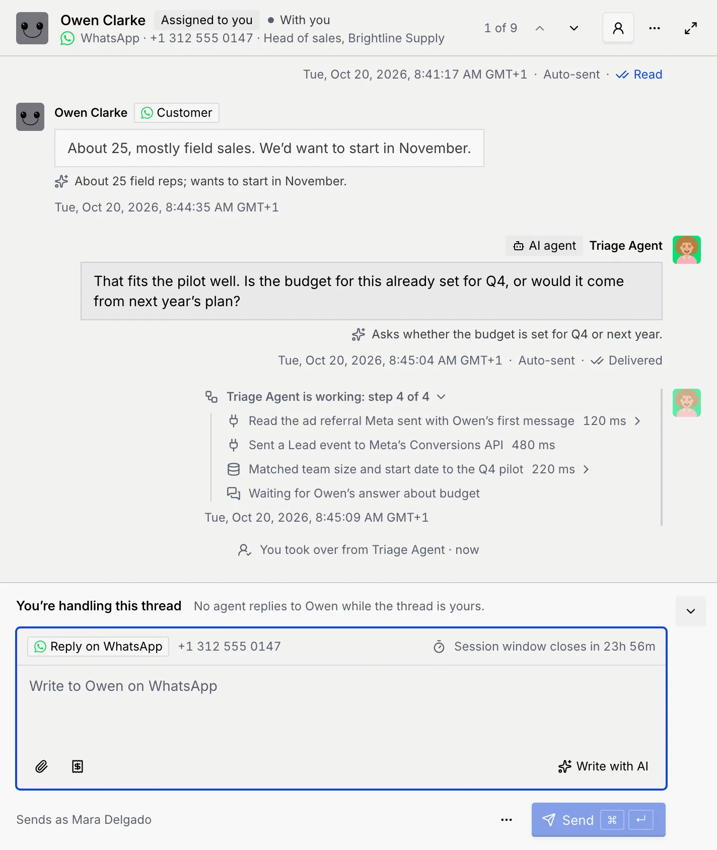 Owen Clarke's thread after taking over: the header shows Assigned to you and With you, the note You took over from Triage Agent, and the reply box You're handling this thread