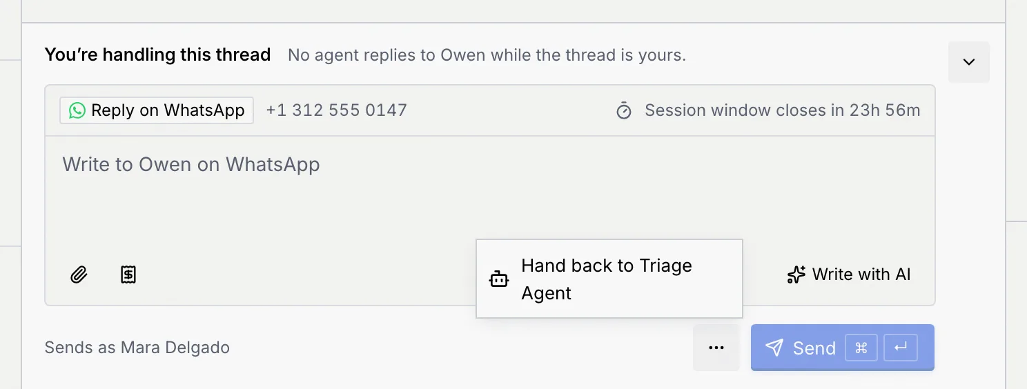 The reply box's More actions menu with Hand back to Triage Agent