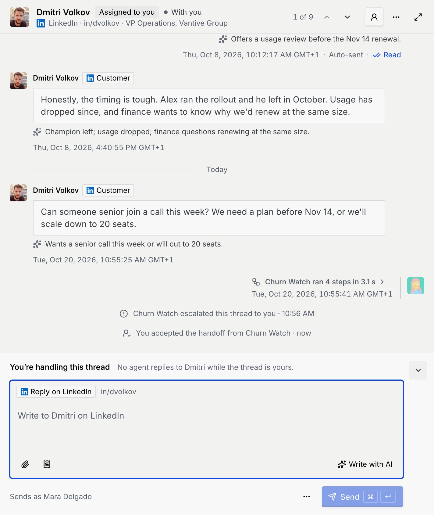 Dmitri Volkov's thread after accepting: the note You accepted the handoff from Churn Watch and the reply box You're handling this thread