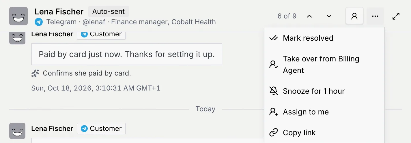 The More menu of Lena Fischer's thread with Mark resolved, Take over from Billing Agent, Snooze for 1 hour, Assign to me and Copy link