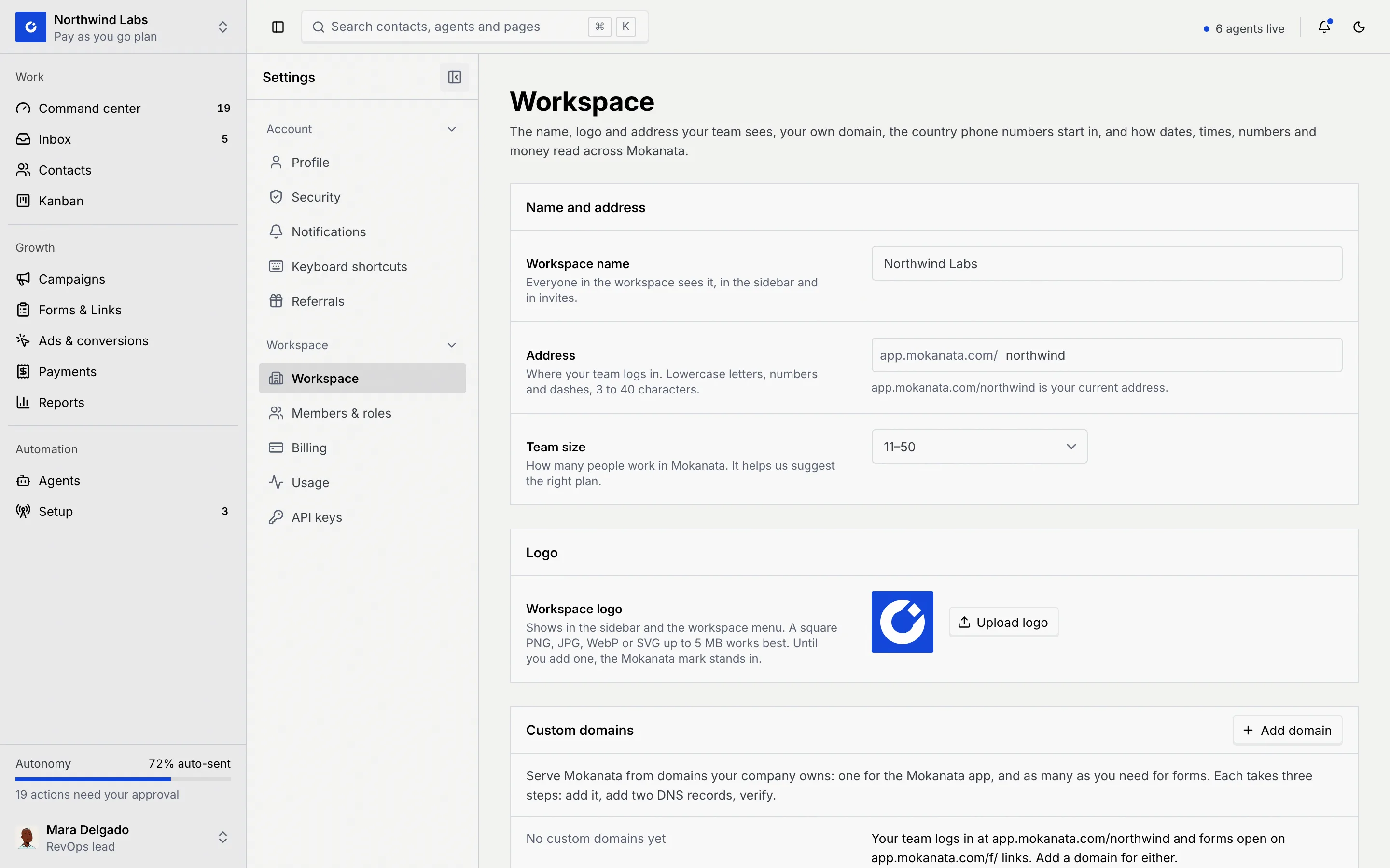 The Workspace settings page with the Name and address panel (Workspace name, Address, Team size) and the Logo panel, the settings menu on the left