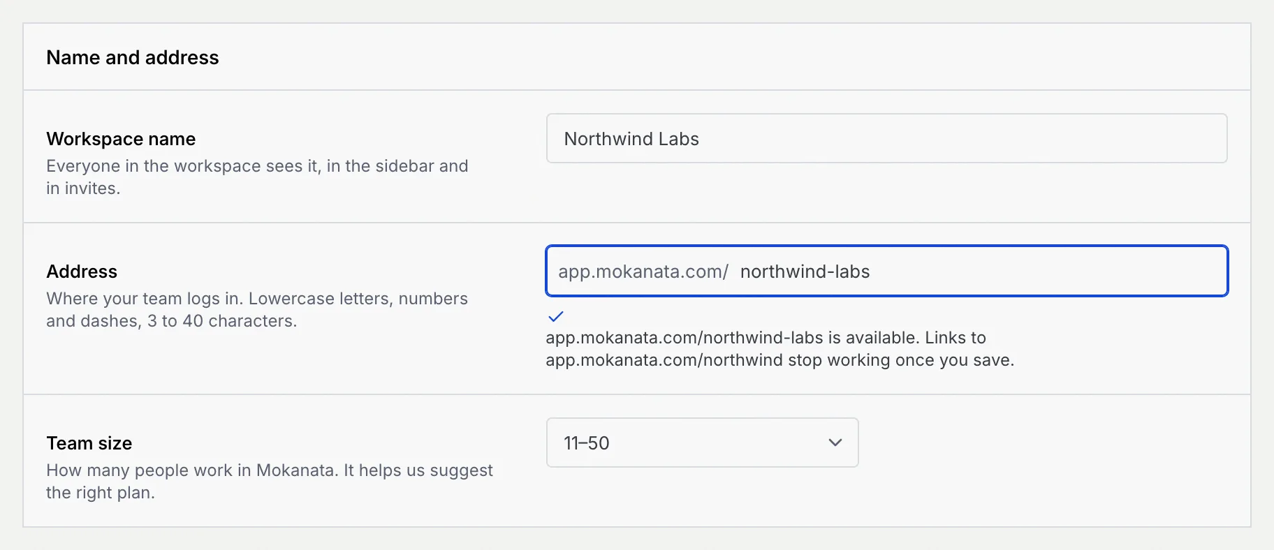 The Name and address panel with the address changed to northwind-labs and the message that app.mokanata.com/northwind-labs is available