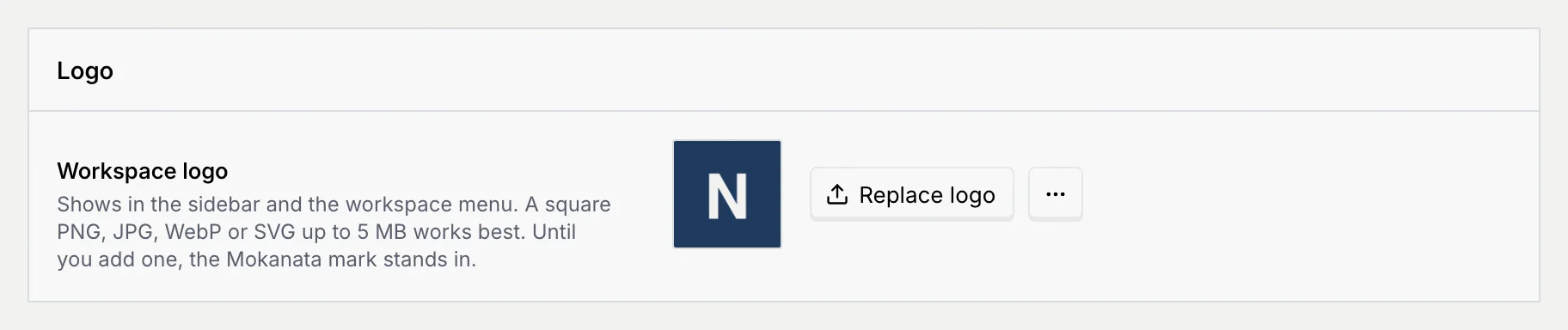 The Logo panel showing a square N logo next to the Replace logo button and its more actions menu