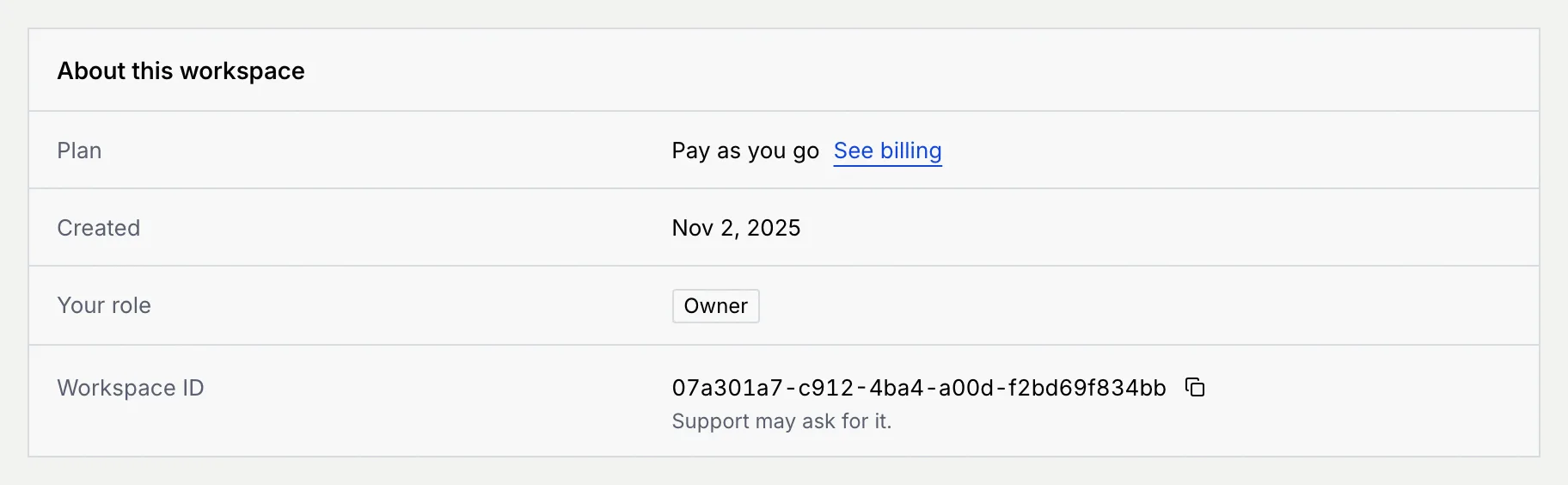 The About this workspace panel: Plan Pay as you go with a See billing link, Created Nov 2, 2025, Your role Owner, and the Workspace ID