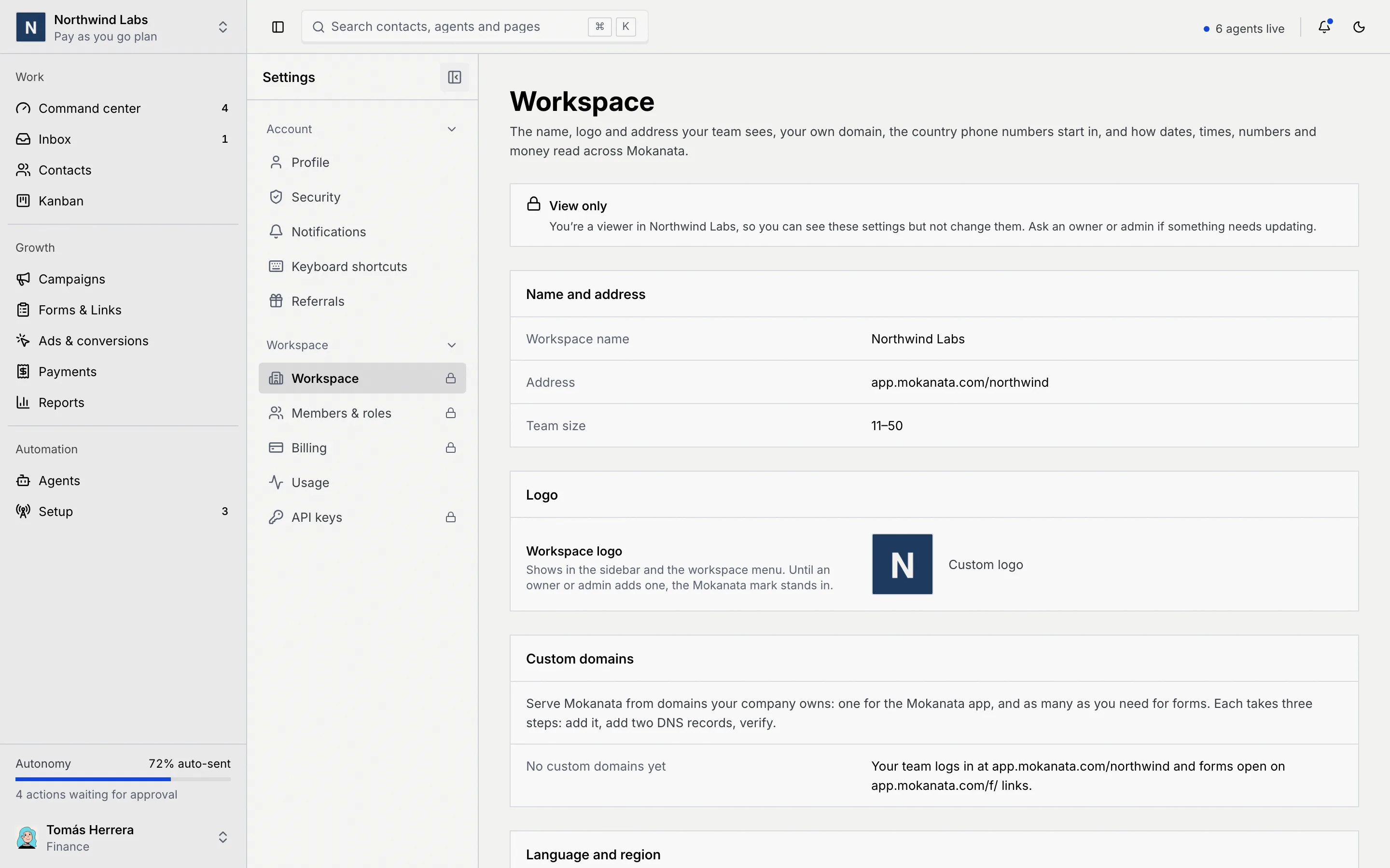 The Workspace page seen by a viewer: the View only notice, Name and address and Logo as read-only facts, and lock icons next to Workspace, Members & roles, Billing and API keys in the settings menu