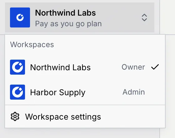 The workspace menu open under Northwind Labs, Pay as you go plan, listing Northwind Labs (Owner, checked) and Harbor Supply (Admin), and Workspace settings